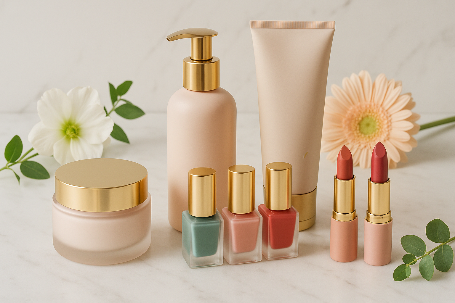 Beauty products like mosturizer, lotions, facewash, nail polish, lipssticks