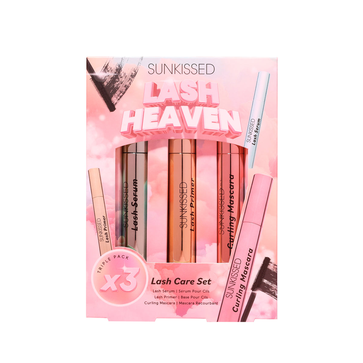 Sunkissed Lash Heaven Lash Care Set Gift Set 10ml Clear Lash Serum + 10ml White With Fibres Lash Primer + 10ml Curl & Flex Black Curling Mascara