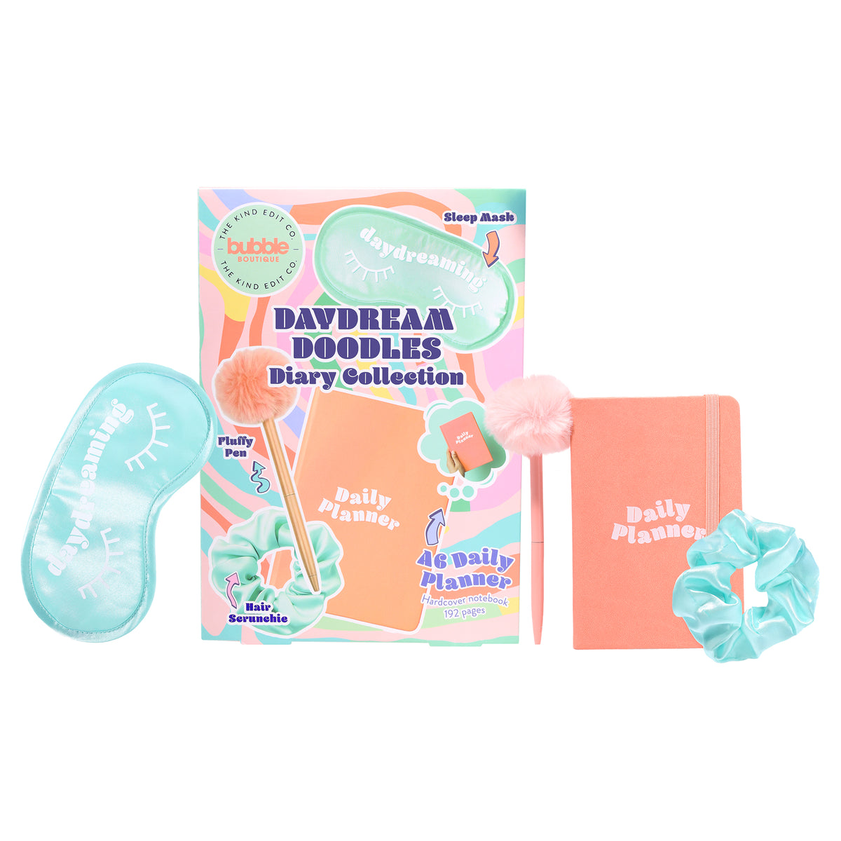 The Kind Edit Co. Bubble Boutique Daydream Doodles Diary Collection Gift Set 1 Notebook + 1 Fluffy Pen + 1 Eye Mask + 1 Satin Scrunchie